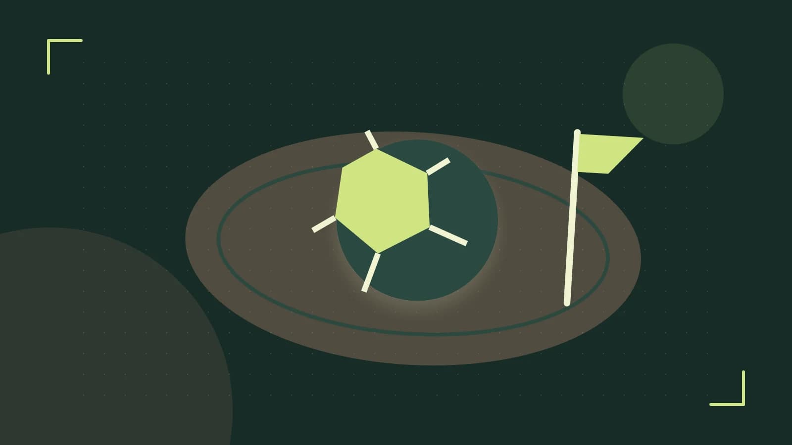 Editorial illustration of a stylized sports ball, stadium geometry and dynamic arcs