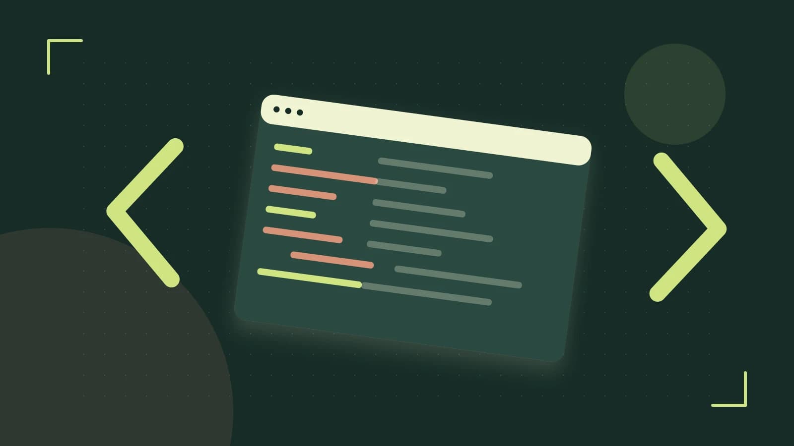 Editorial illustration of an abstract code editor, syntax blocks and oversized programming brackets