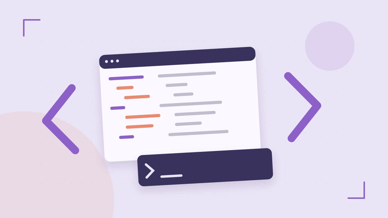 Editorial illustration of an abstract code editor, syntax blocks and oversized programming brackets