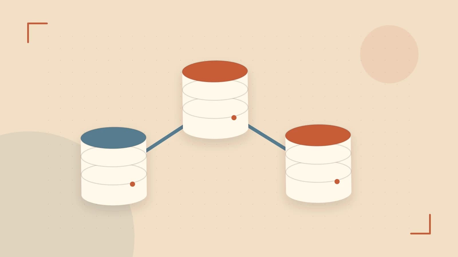 Editorial illustration of structured records, database cylinders and relationships between tables