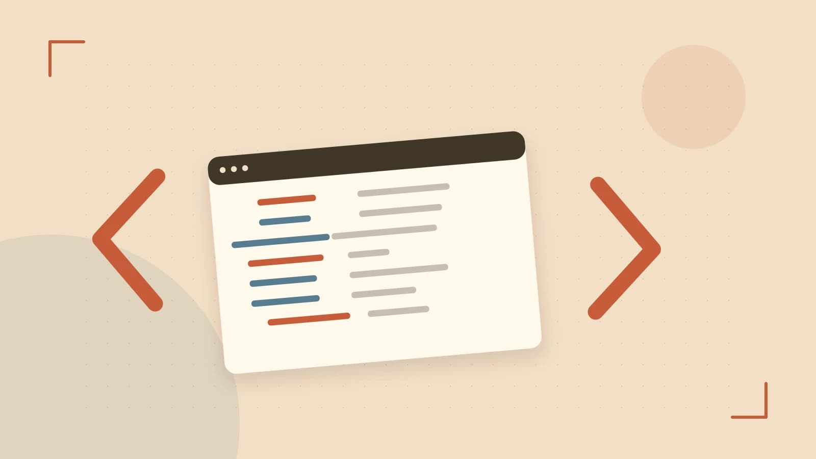 Editorial illustration of an abstract code editor, syntax blocks and oversized programming brackets
