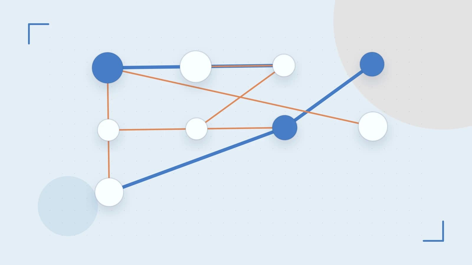 Editorial illustration of an algorithmic node graph with branching paths and a highlighted result