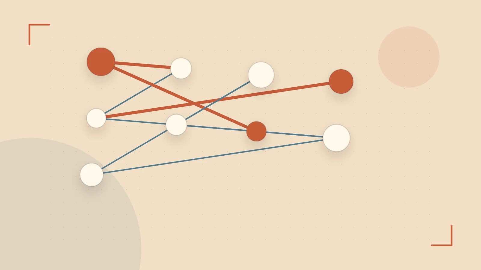 Editorial illustration of an algorithmic node graph with branching paths and a highlighted result