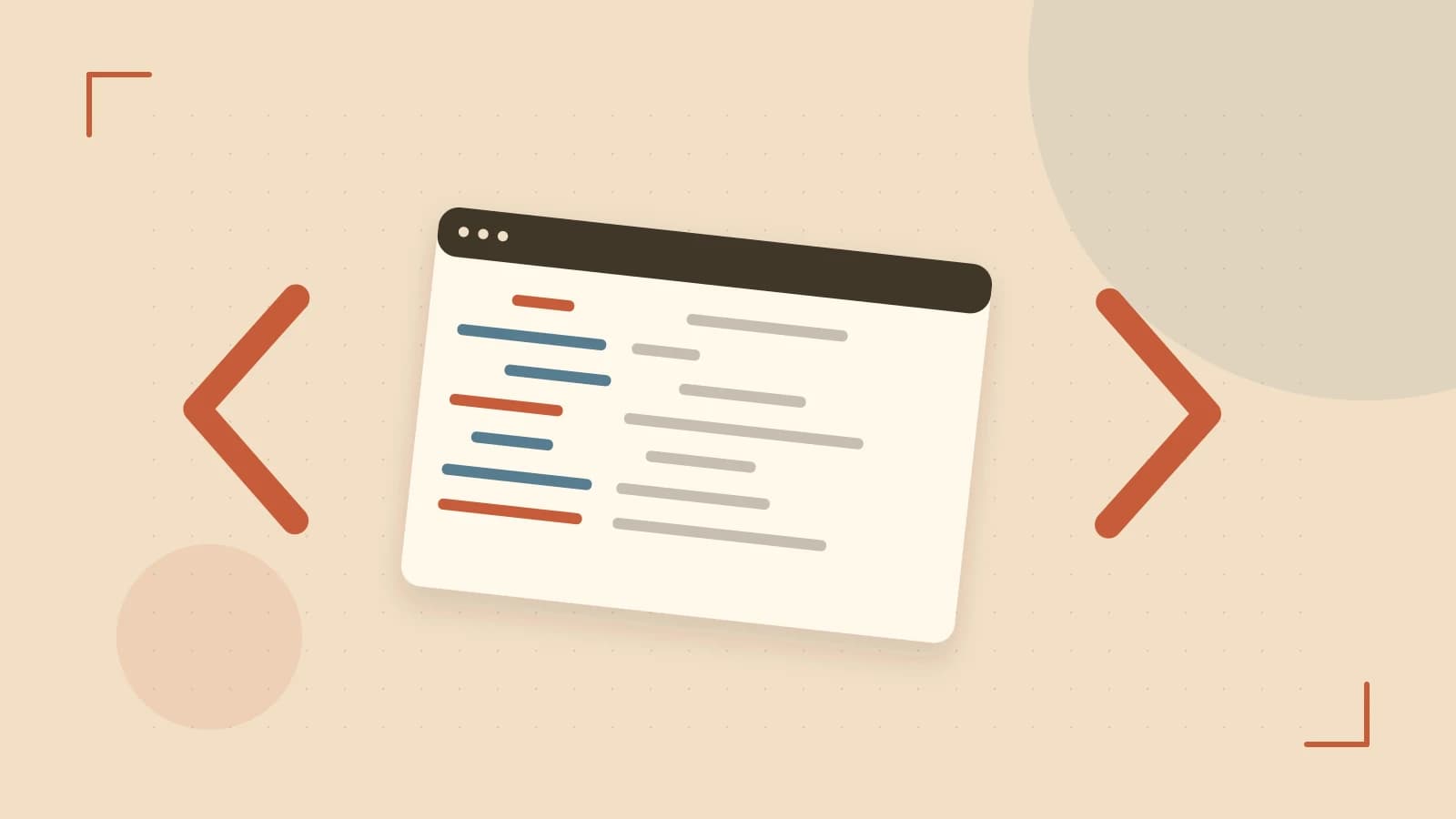 Editorial illustration of an abstract code editor, syntax blocks and oversized programming brackets