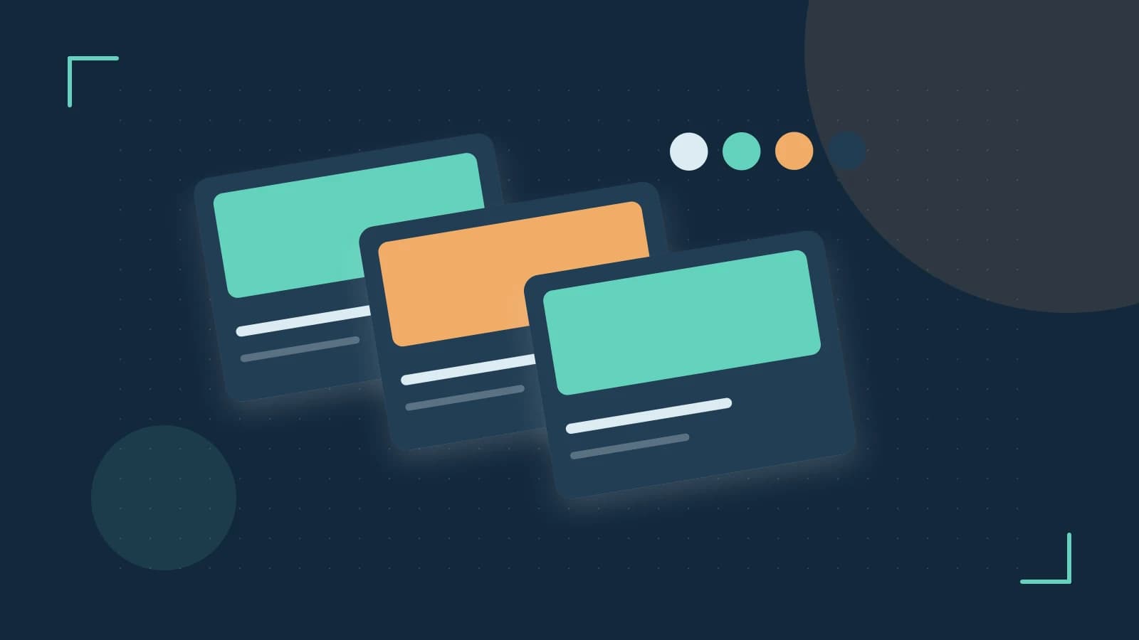 Editorial illustration of responsive browser layouts, overlapping design components and a color system