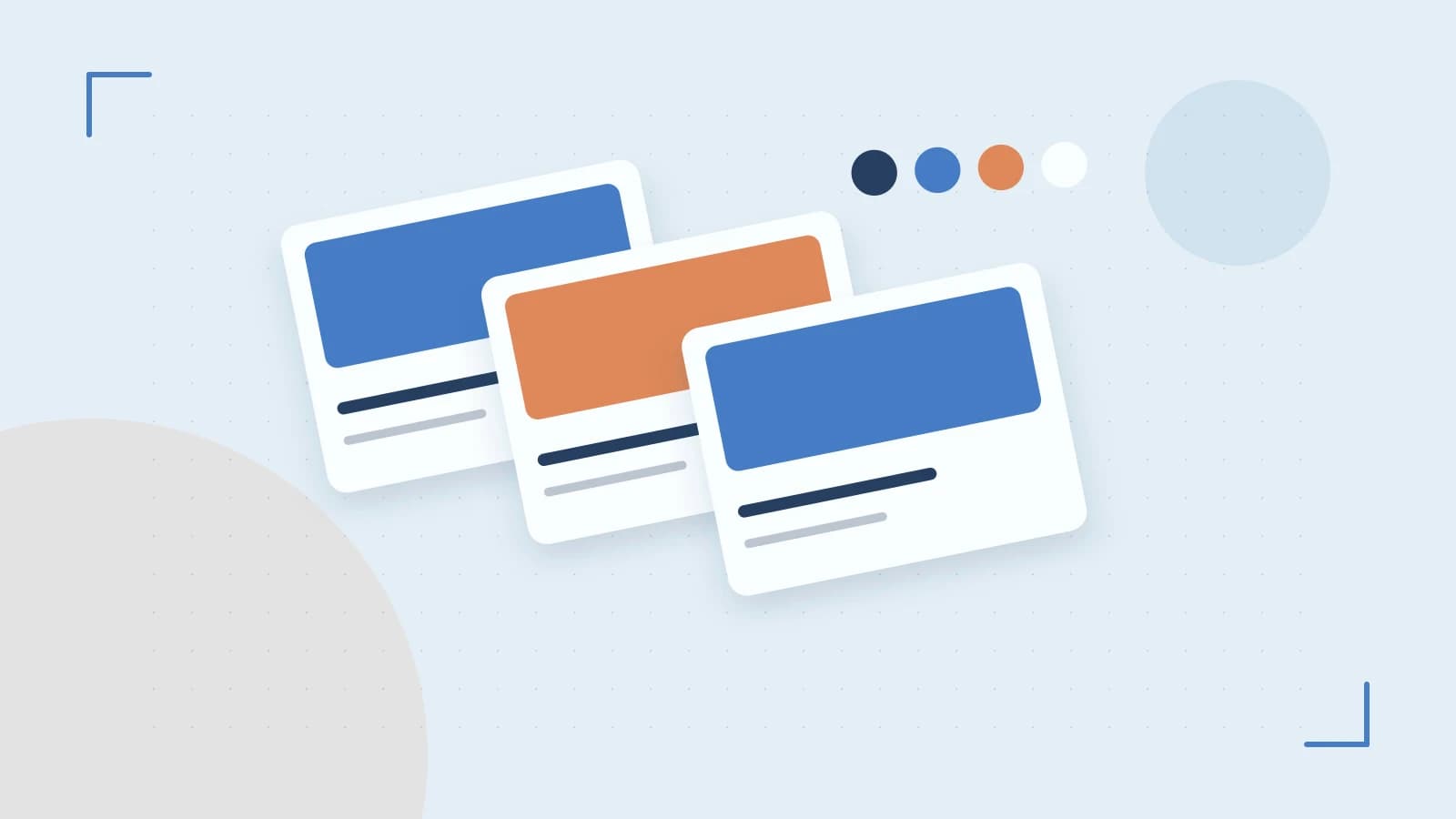 Editorial illustration of responsive browser layouts, overlapping design components and a color system