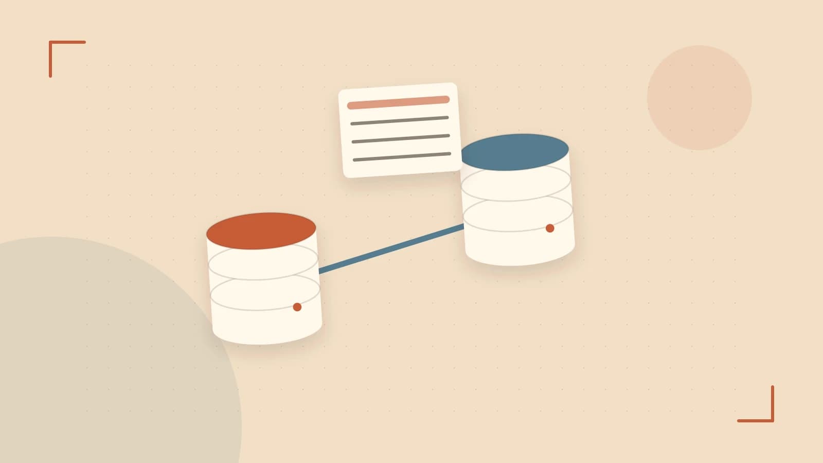 Editorial illustration of structured records, database cylinders and relationships between tables