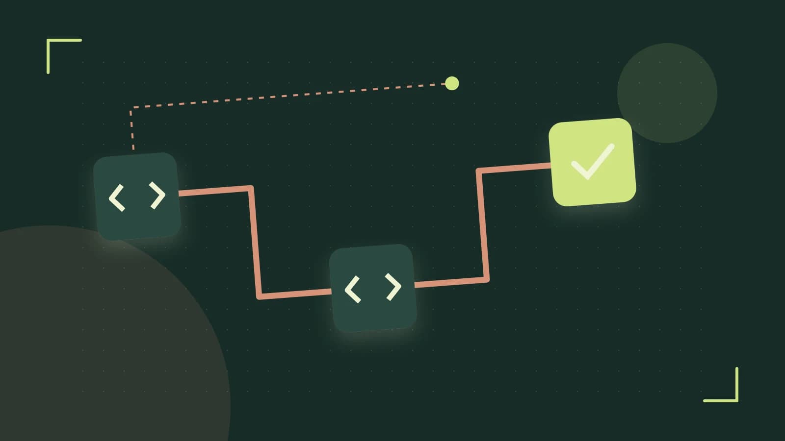Editorial illustration of a branching build pipeline, staged transformations and a completed check