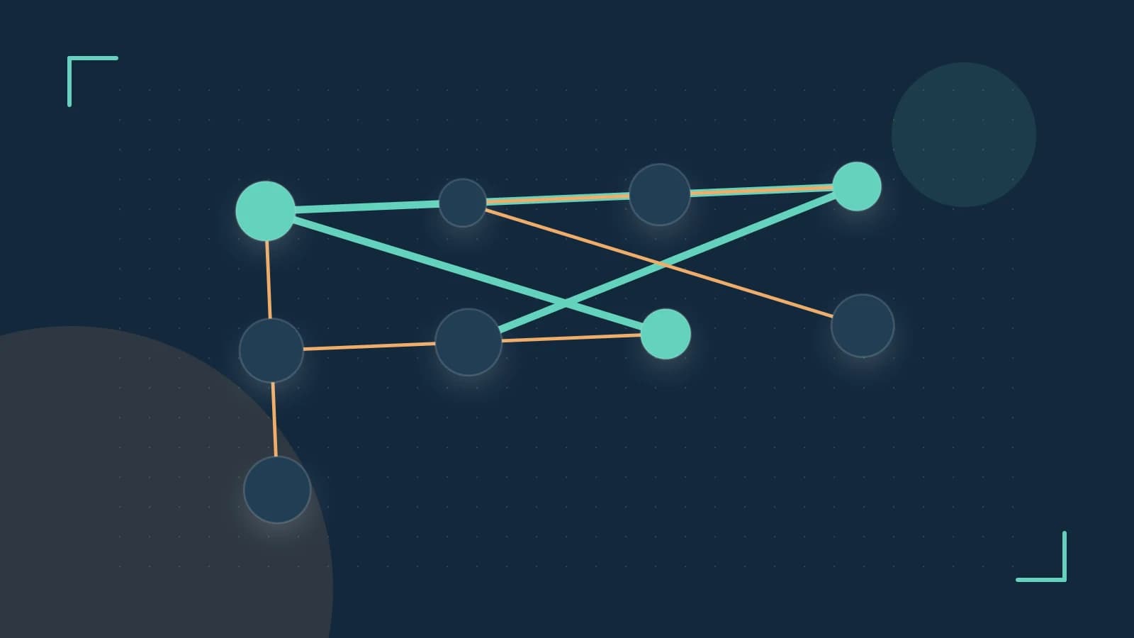 Editorial illustration of an algorithmic node graph with branching paths and a highlighted result