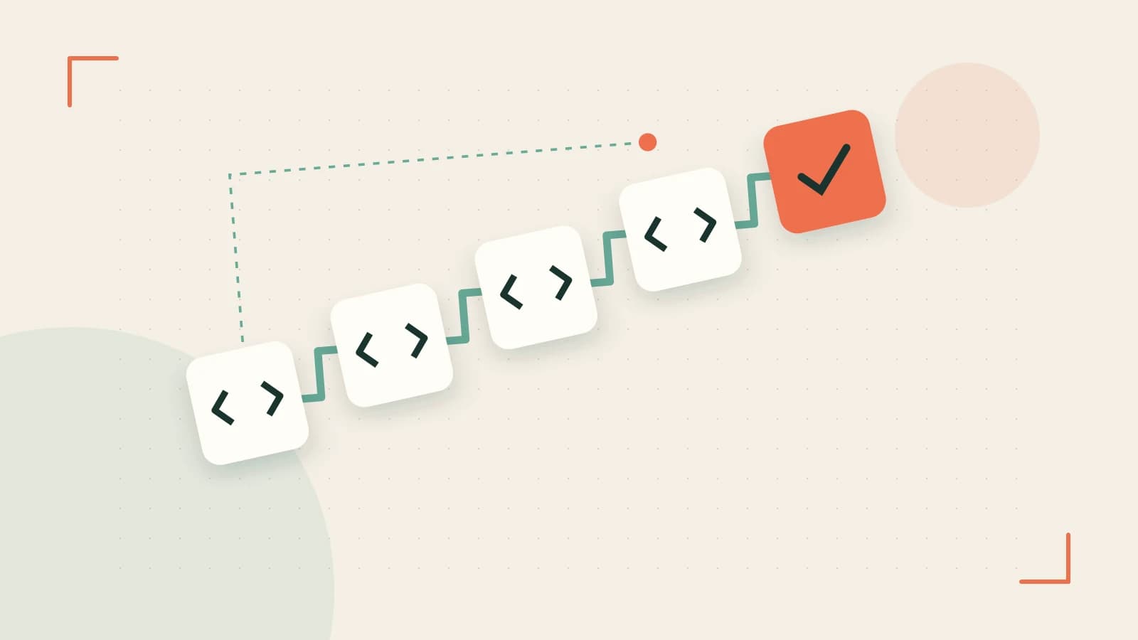 Editorial illustration of a branching build pipeline, staged transformations and a completed check