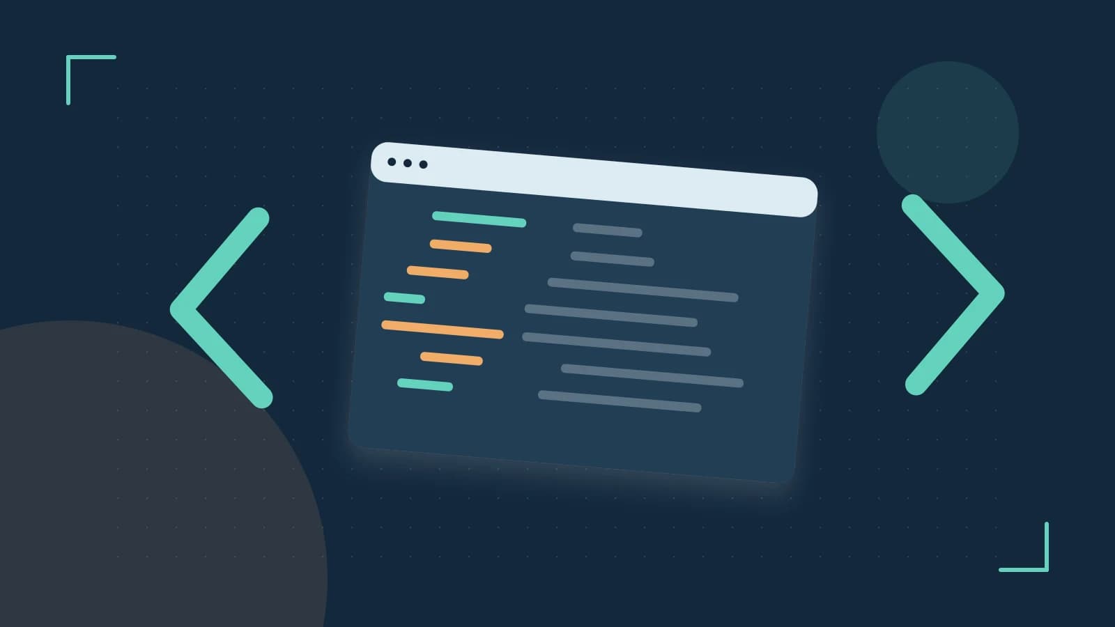 Editorial illustration of an abstract code editor, syntax blocks and oversized programming brackets