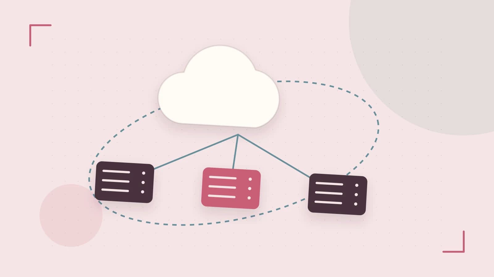 Editorial illustration of cloud infrastructure, connected server racks and an orbital service map