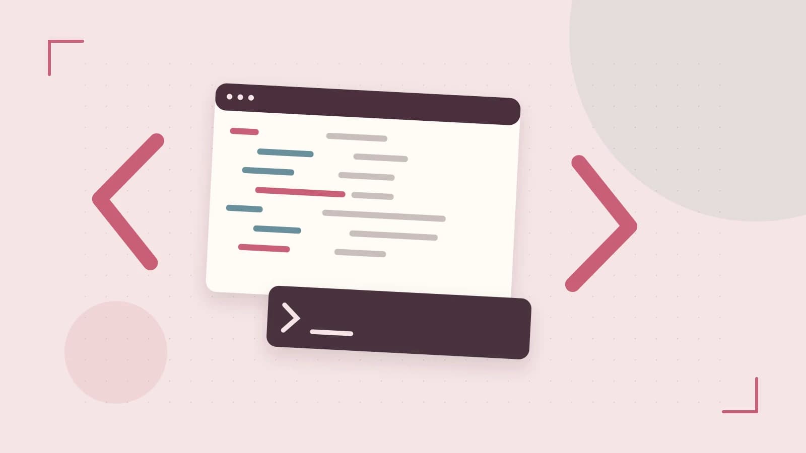 Editorial illustration of an abstract code editor, syntax blocks and oversized programming brackets