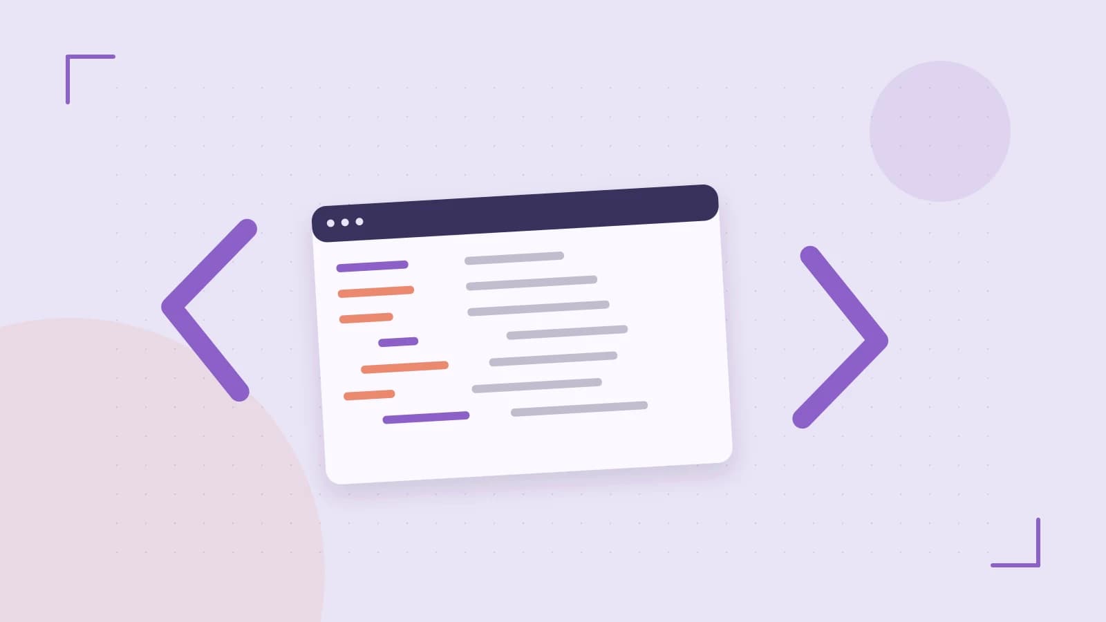 Editorial illustration of an abstract code editor, syntax blocks and oversized programming brackets