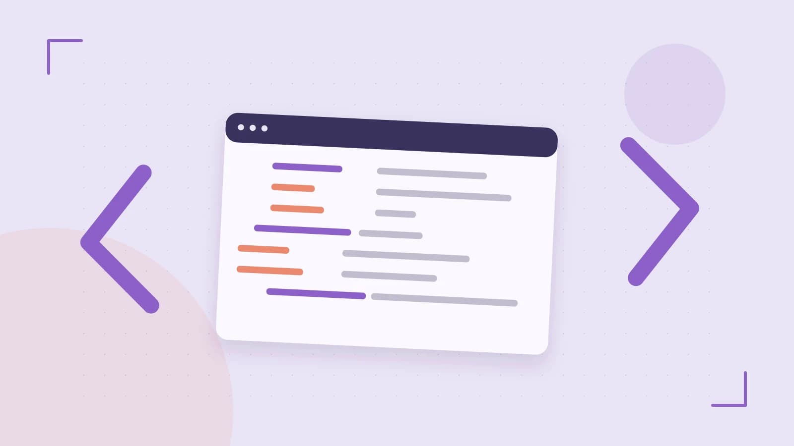 Editorial illustration of an abstract code editor, syntax blocks and oversized programming brackets