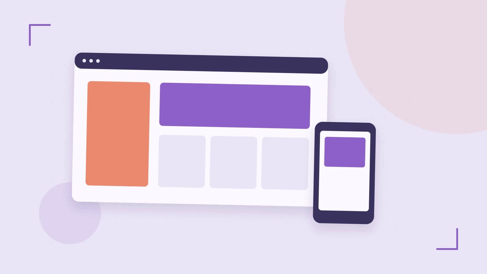 Editorial illustration of responsive browser layouts, overlapping design components and a color system