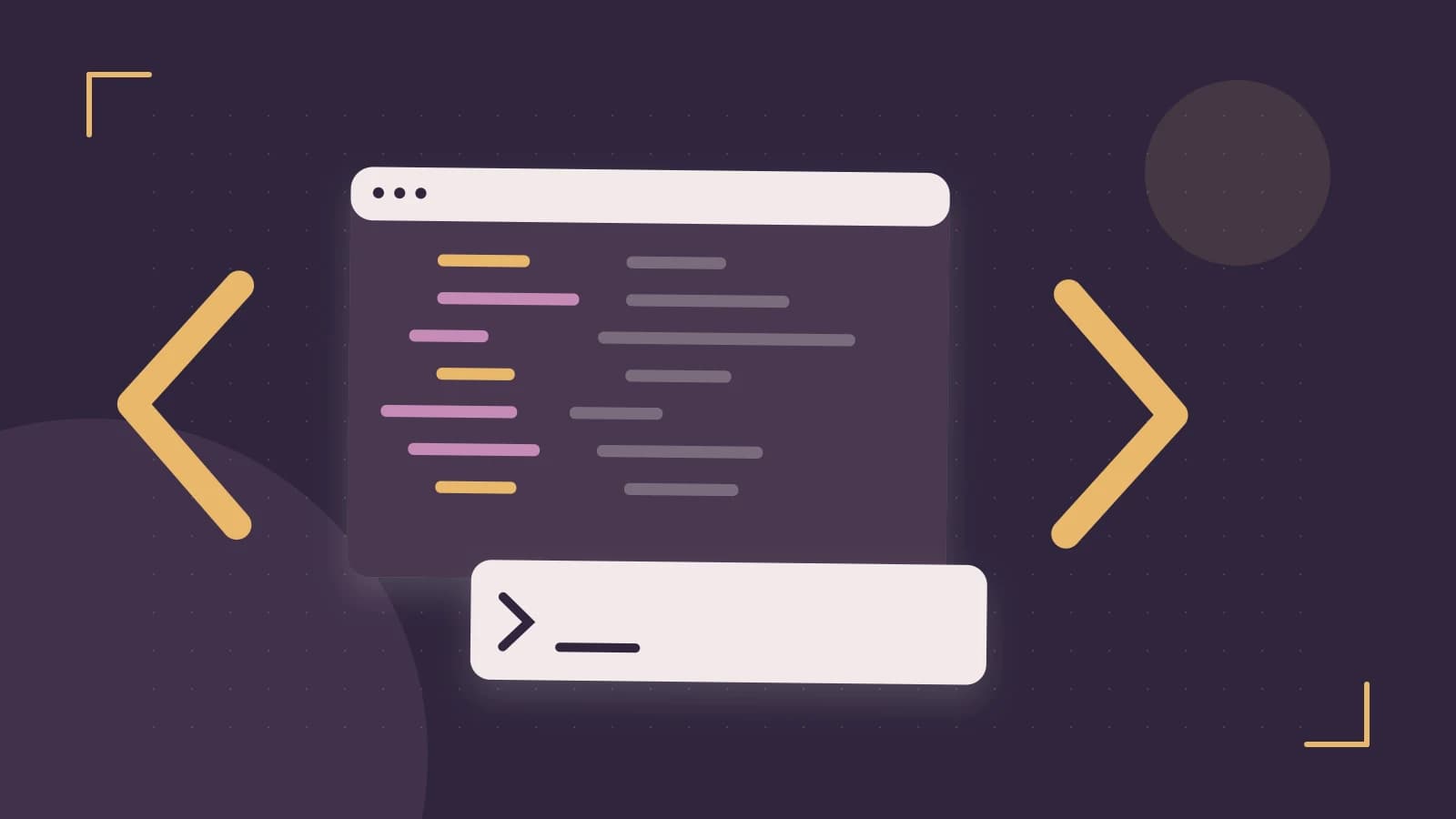 Editorial illustration of an abstract code editor, syntax blocks and oversized programming brackets