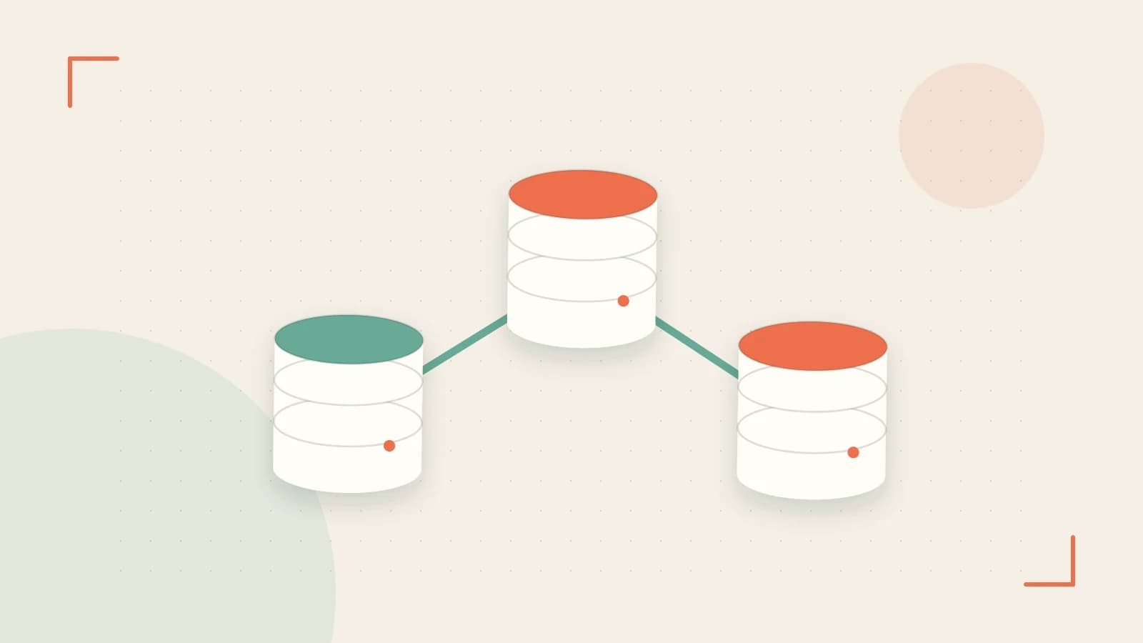 Editorial illustration of structured records, database cylinders and relationships between tables