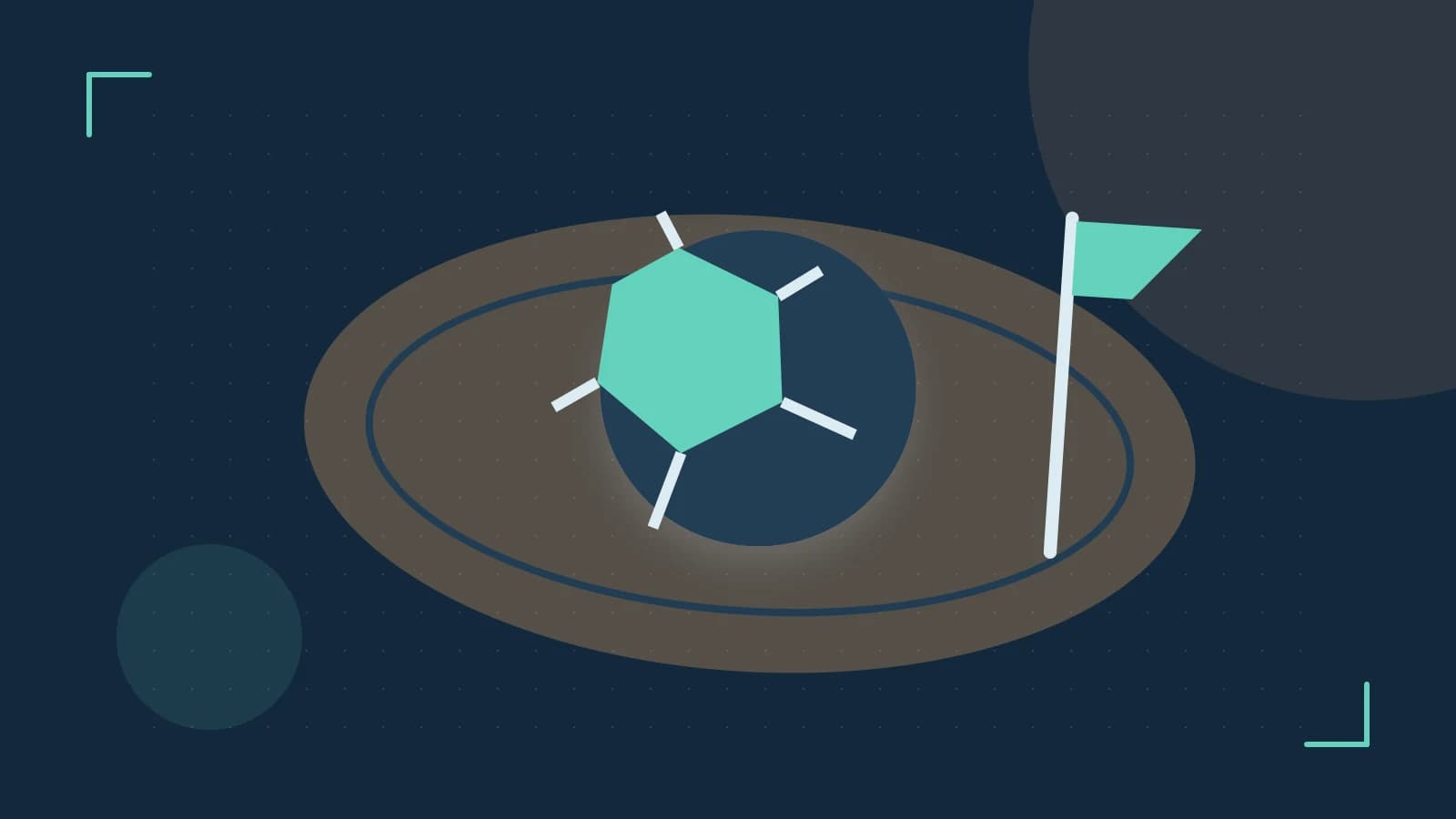 Editorial illustration of a stylized sports ball, stadium geometry and dynamic arcs