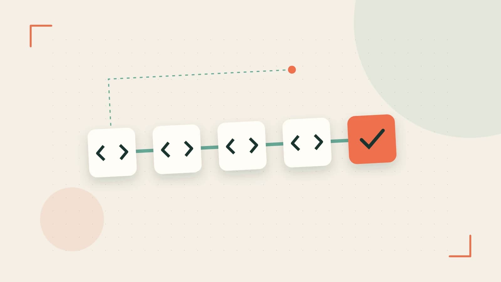 Editorial illustration of a branching build pipeline, staged transformations and a completed check
