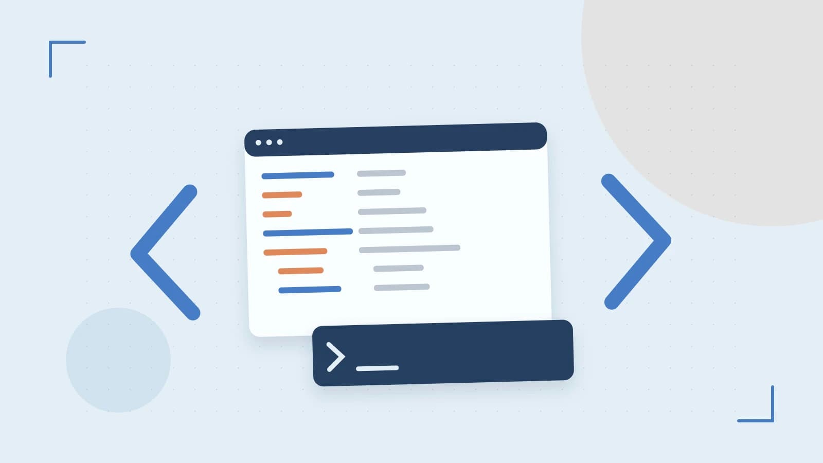 Editorial illustration of an abstract code editor, syntax blocks and oversized programming brackets