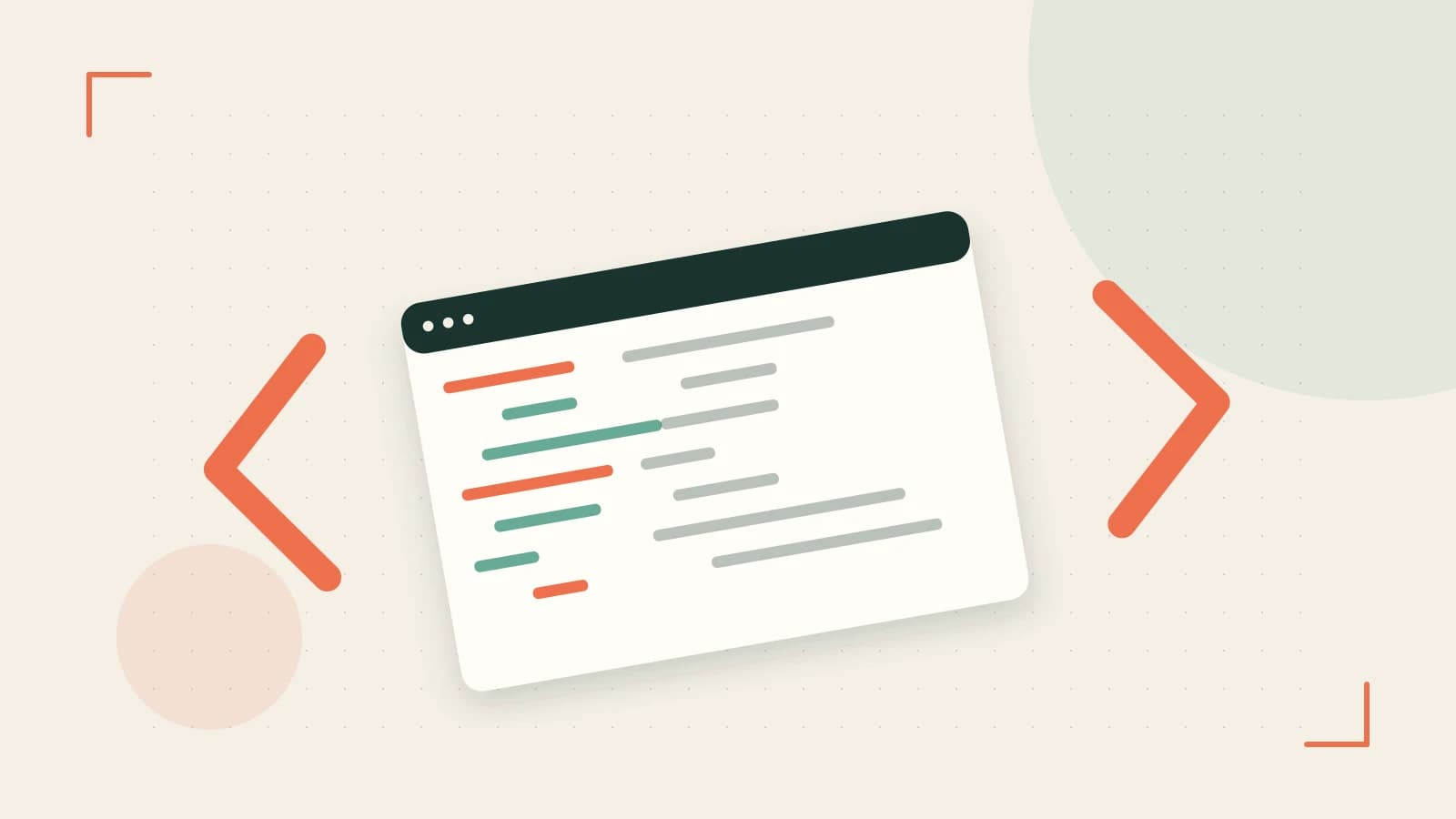 Editorial illustration of an abstract code editor, syntax blocks and oversized programming brackets