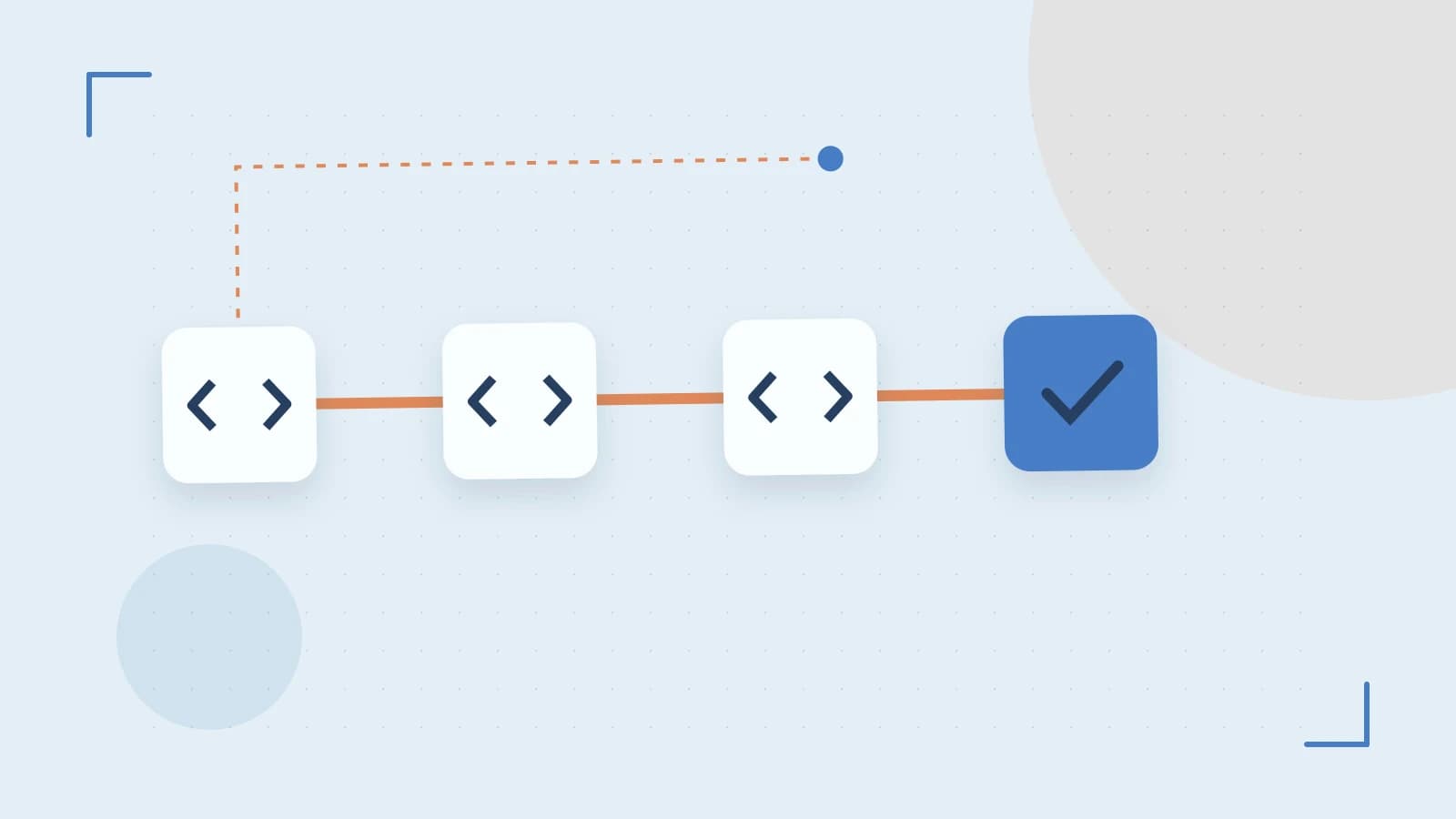 Editorial illustration of a branching build pipeline, staged transformations and a completed check