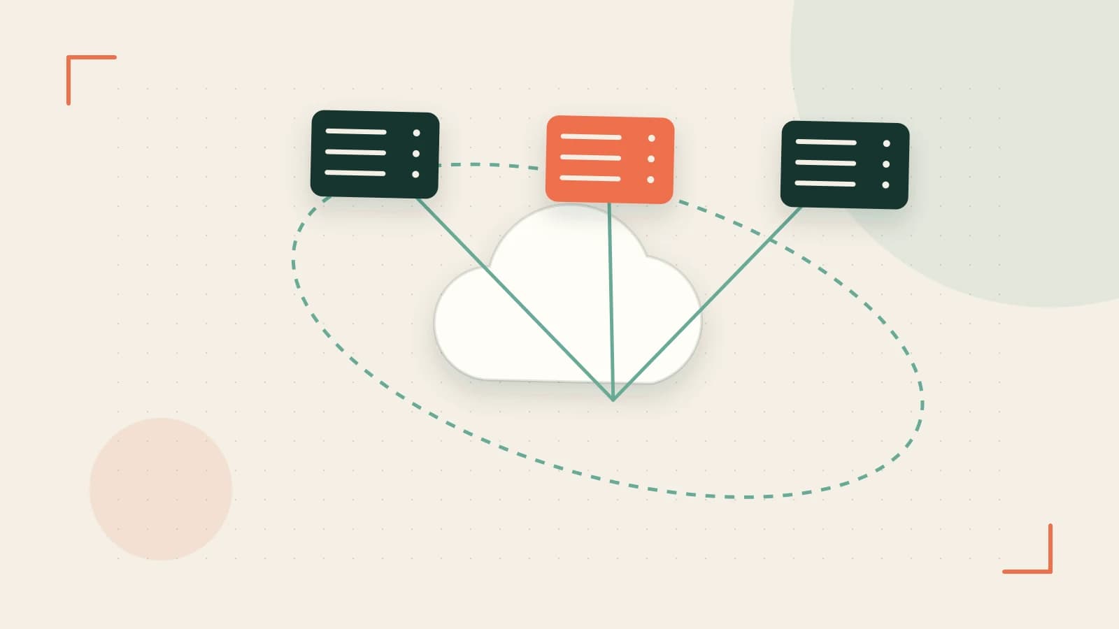 Editorial illustration of cloud infrastructure, connected server racks and an orbital service map