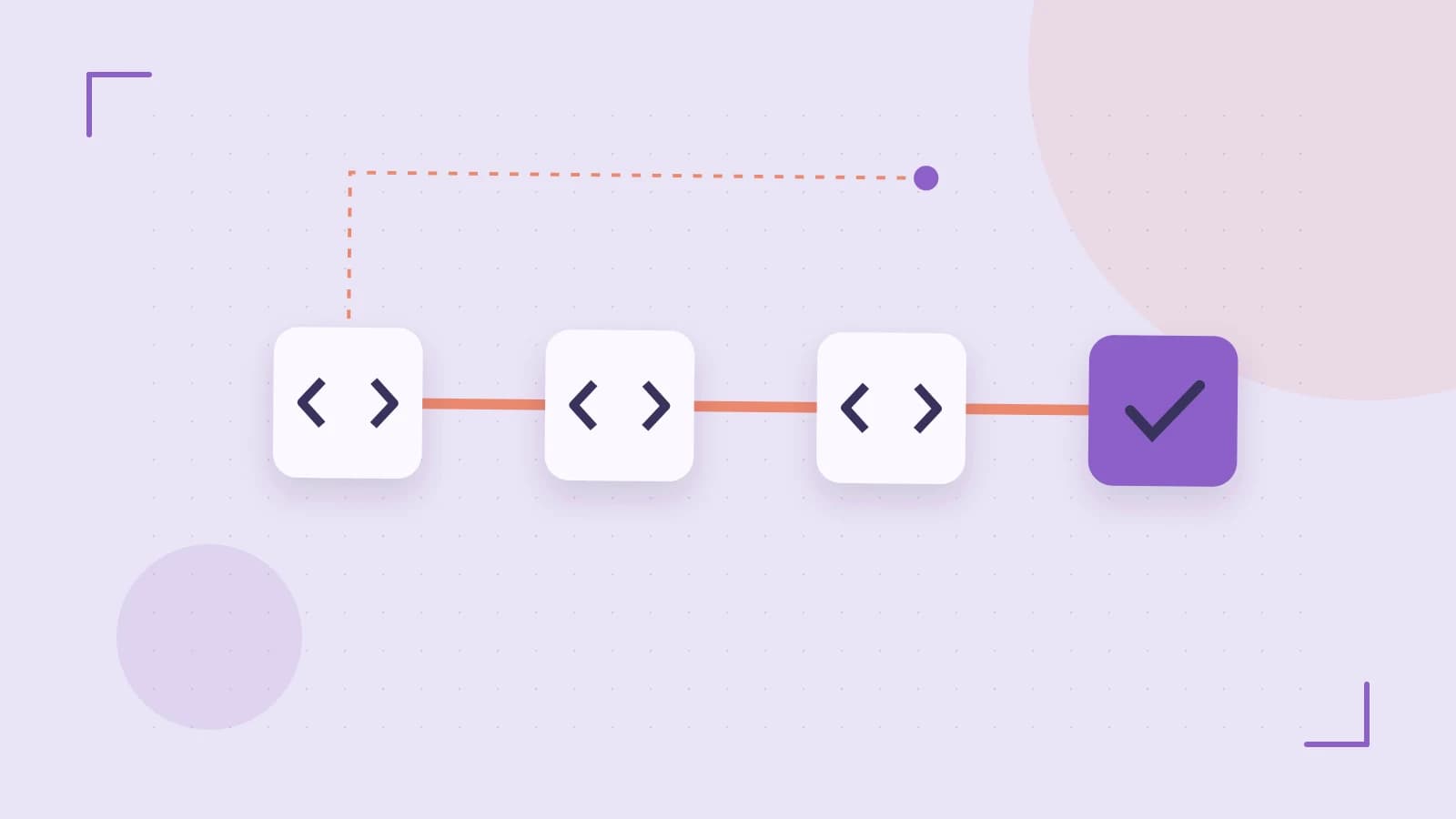 Editorial illustration of a branching build pipeline, staged transformations and a completed check