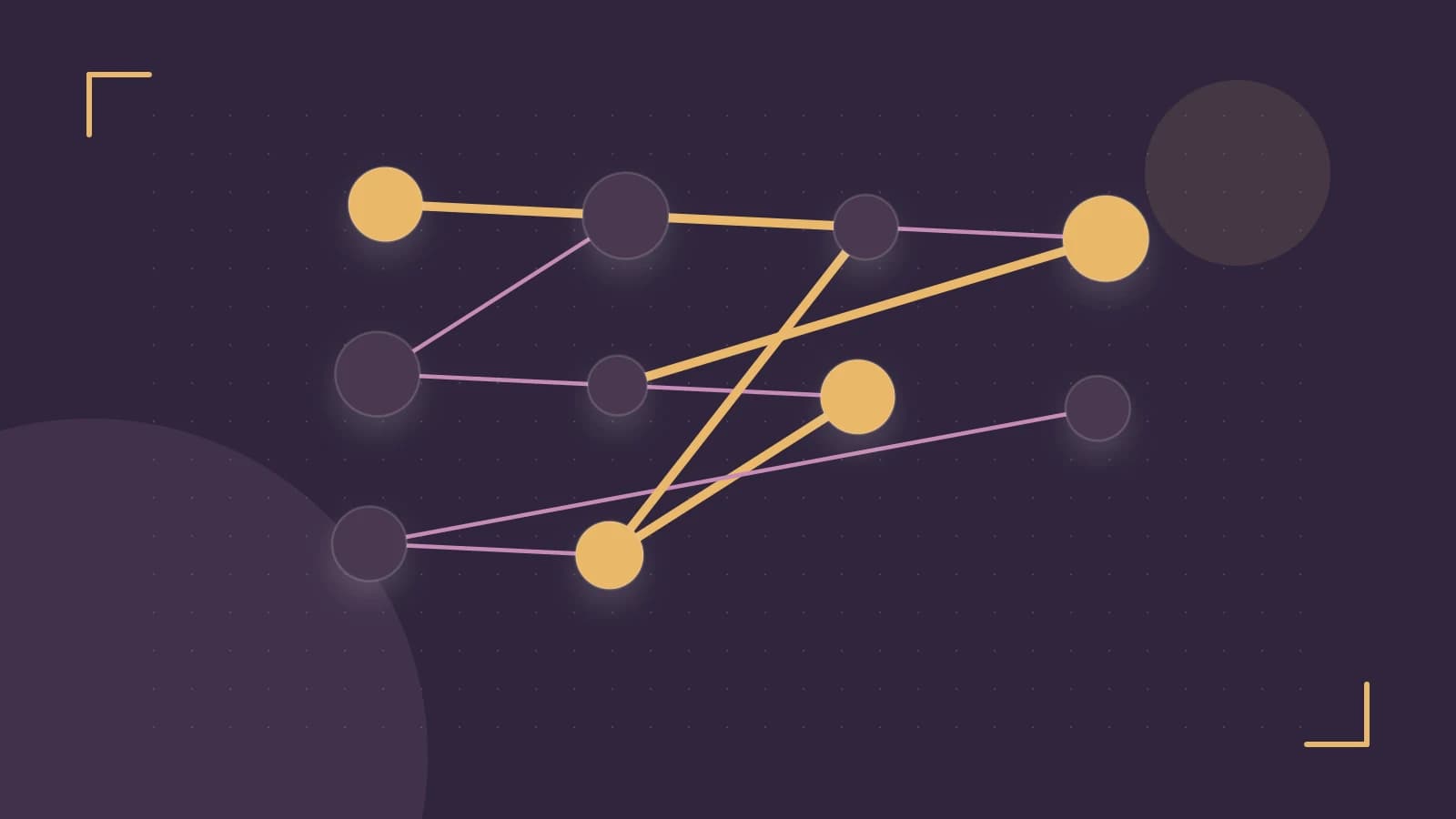 Editorial illustration of an algorithmic node graph with branching paths and a highlighted result