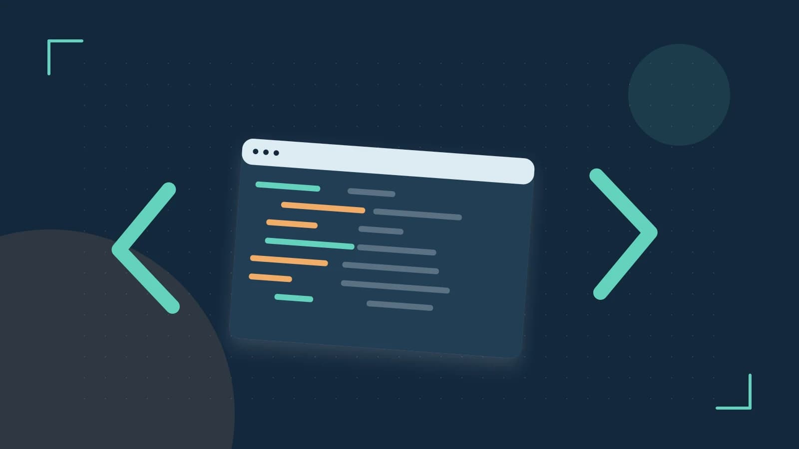 Editorial illustration of an abstract code editor, syntax blocks and oversized programming brackets