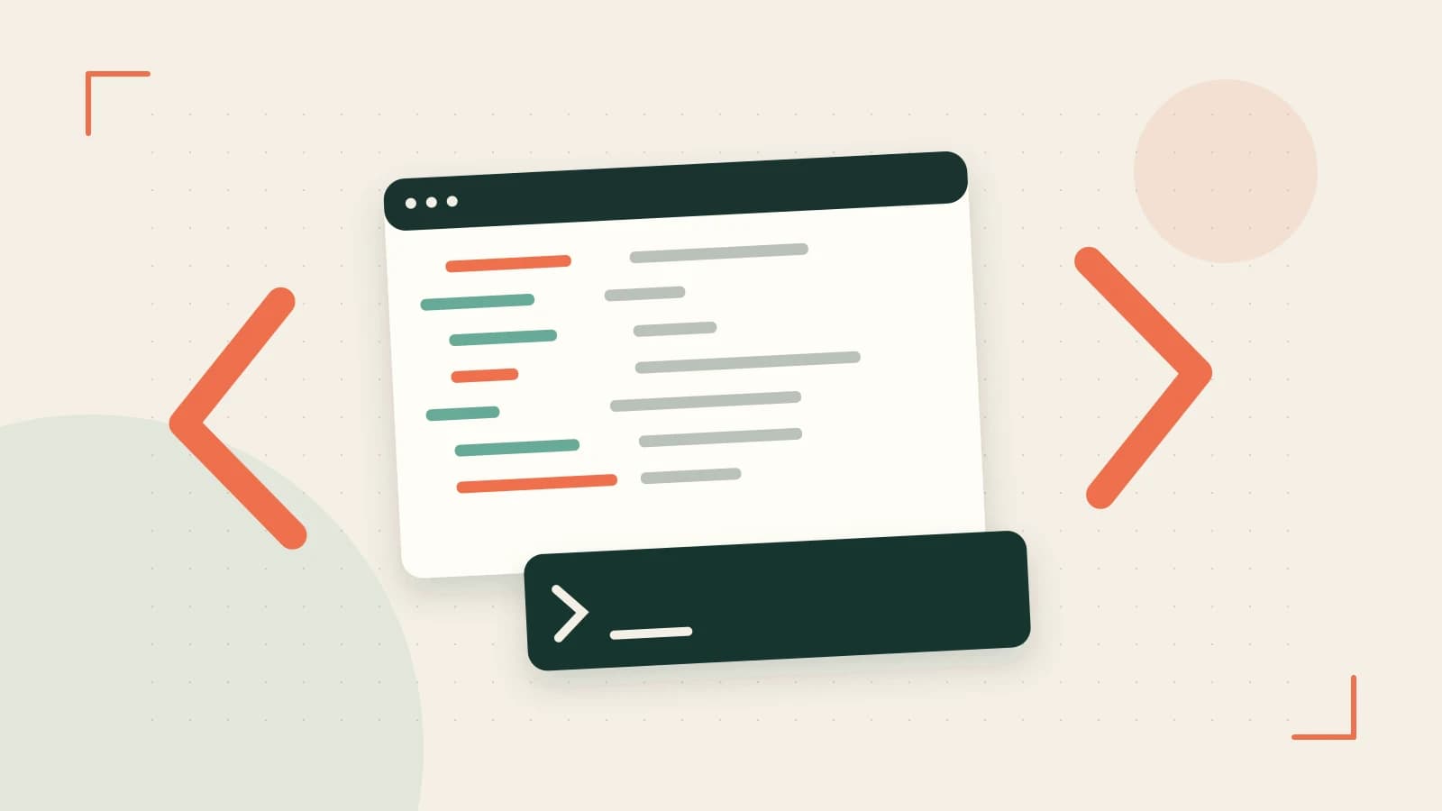 Editorial illustration of an abstract code editor, syntax blocks and oversized programming brackets
