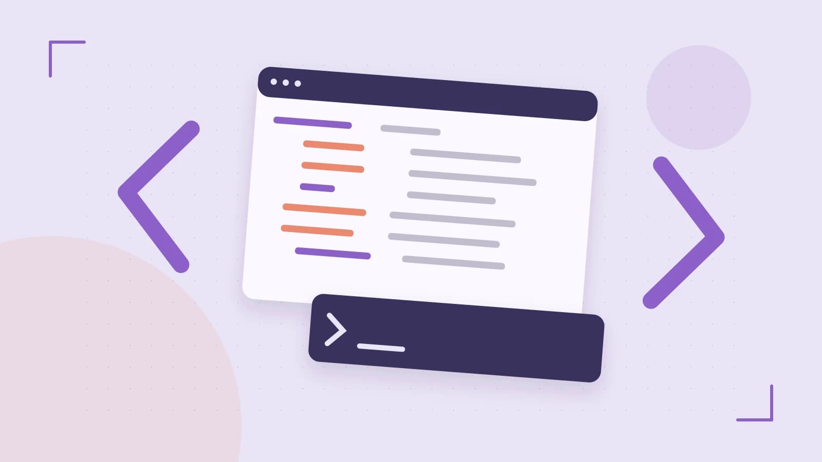 Editorial illustration of an abstract code editor, syntax blocks and oversized programming brackets