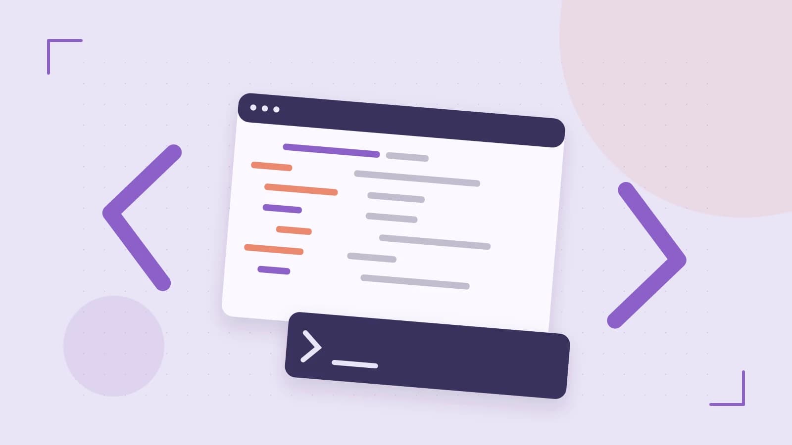 Editorial illustration of an abstract code editor, syntax blocks and oversized programming brackets