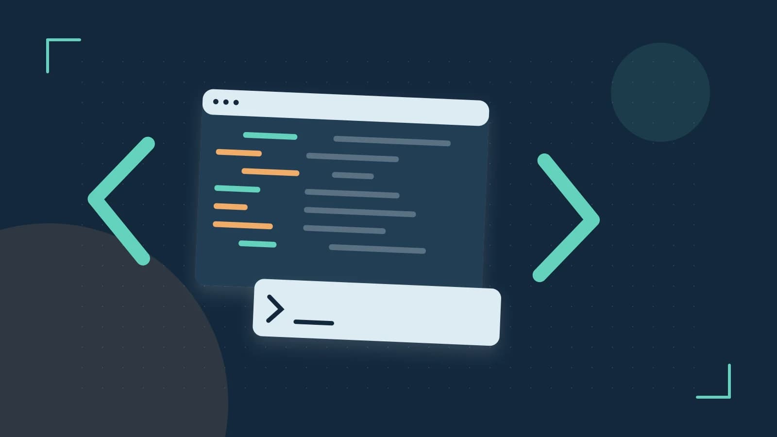 Editorial illustration of an abstract code editor, syntax blocks and oversized programming brackets