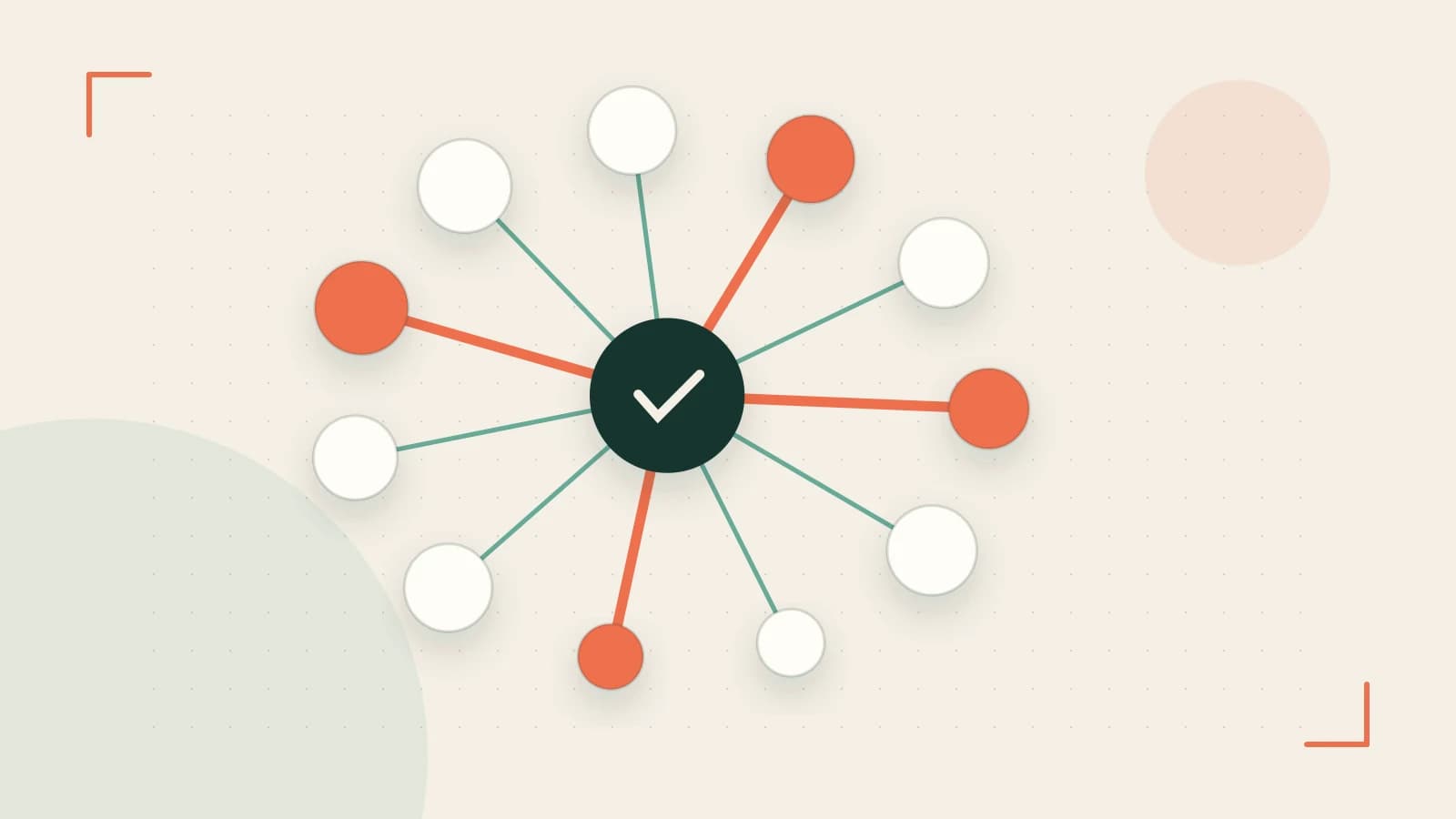 Editorial illustration of an algorithmic node graph with branching paths and a highlighted result