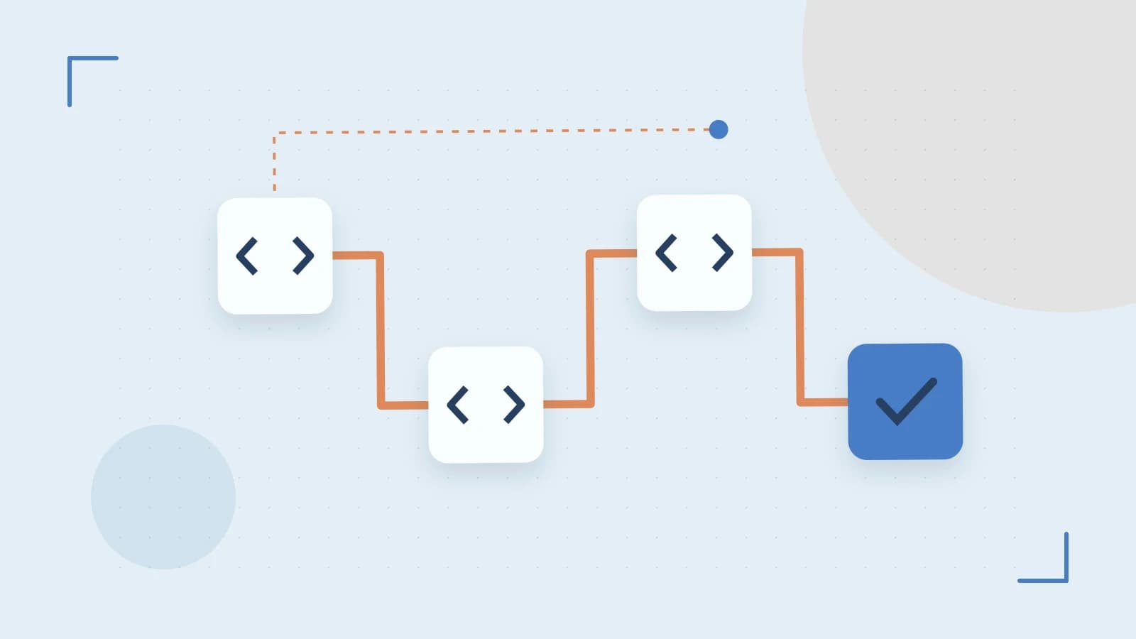 Editorial illustration of a branching build pipeline, staged transformations and a completed check