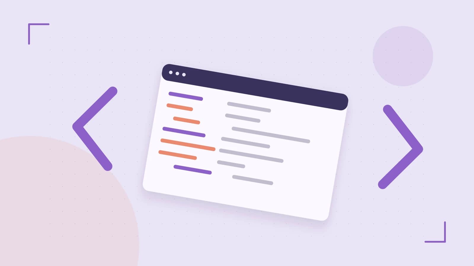 Editorial illustration of an abstract code editor, syntax blocks and oversized programming brackets