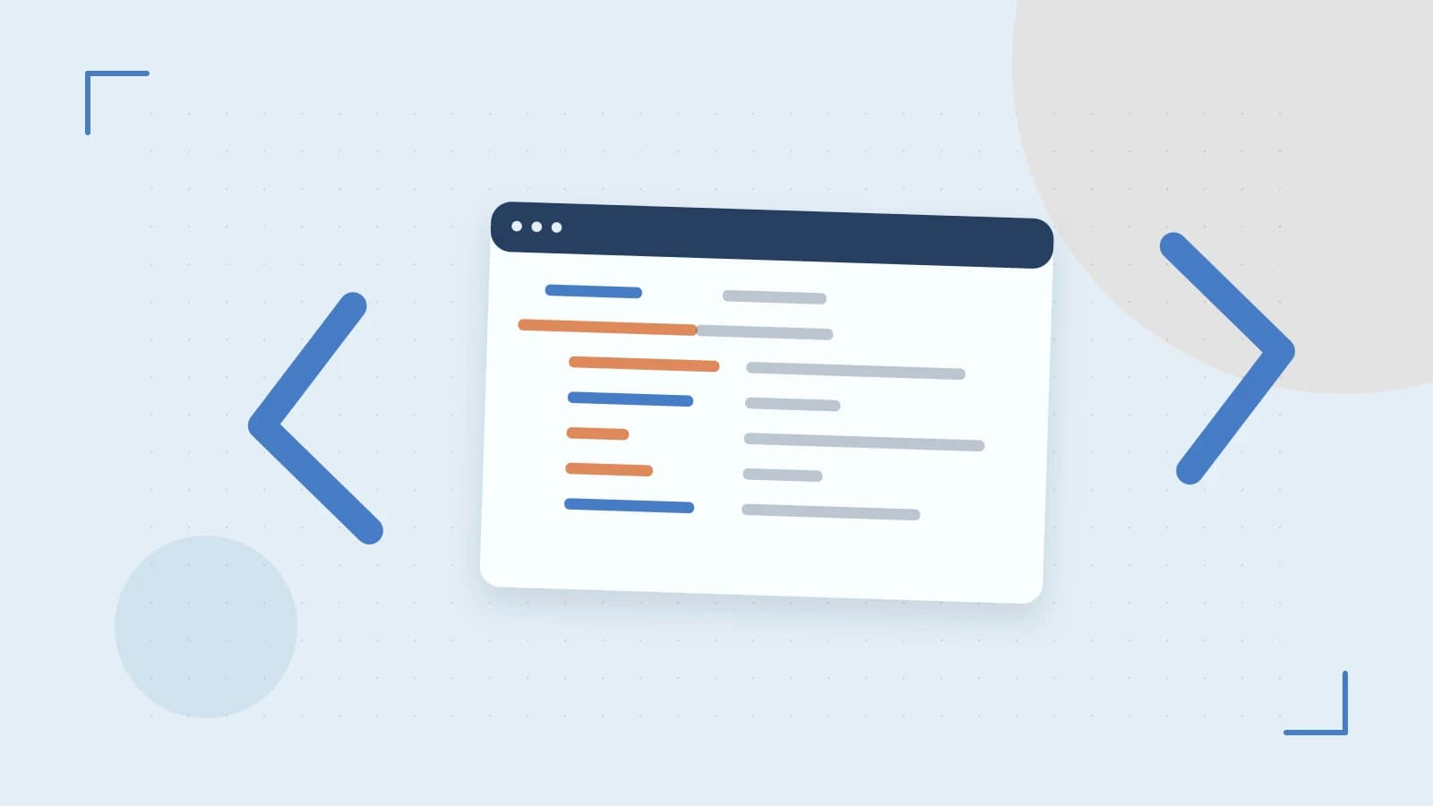 Editorial illustration of an abstract code editor, syntax blocks and oversized programming brackets