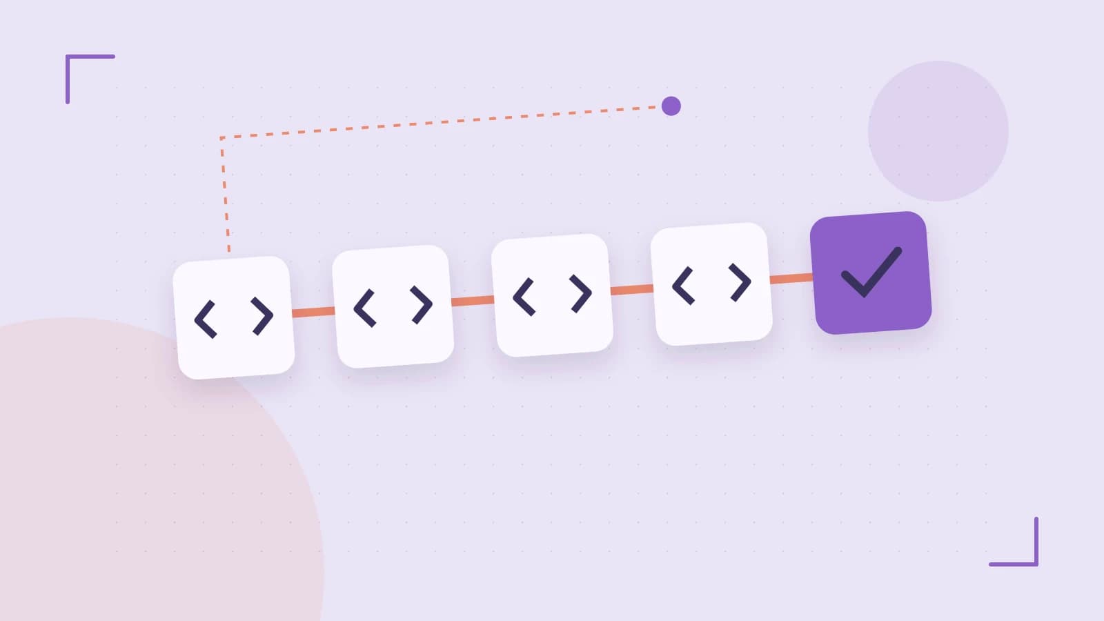 Editorial illustration of a branching build pipeline, staged transformations and a completed check