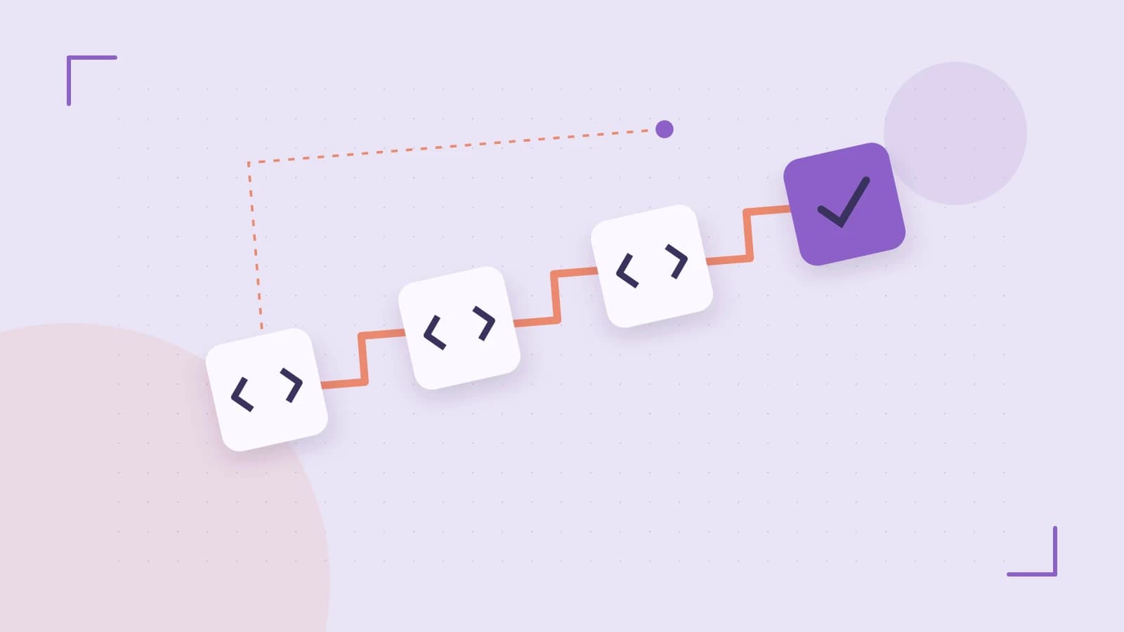 Editorial illustration of a branching build pipeline, staged transformations and a completed check