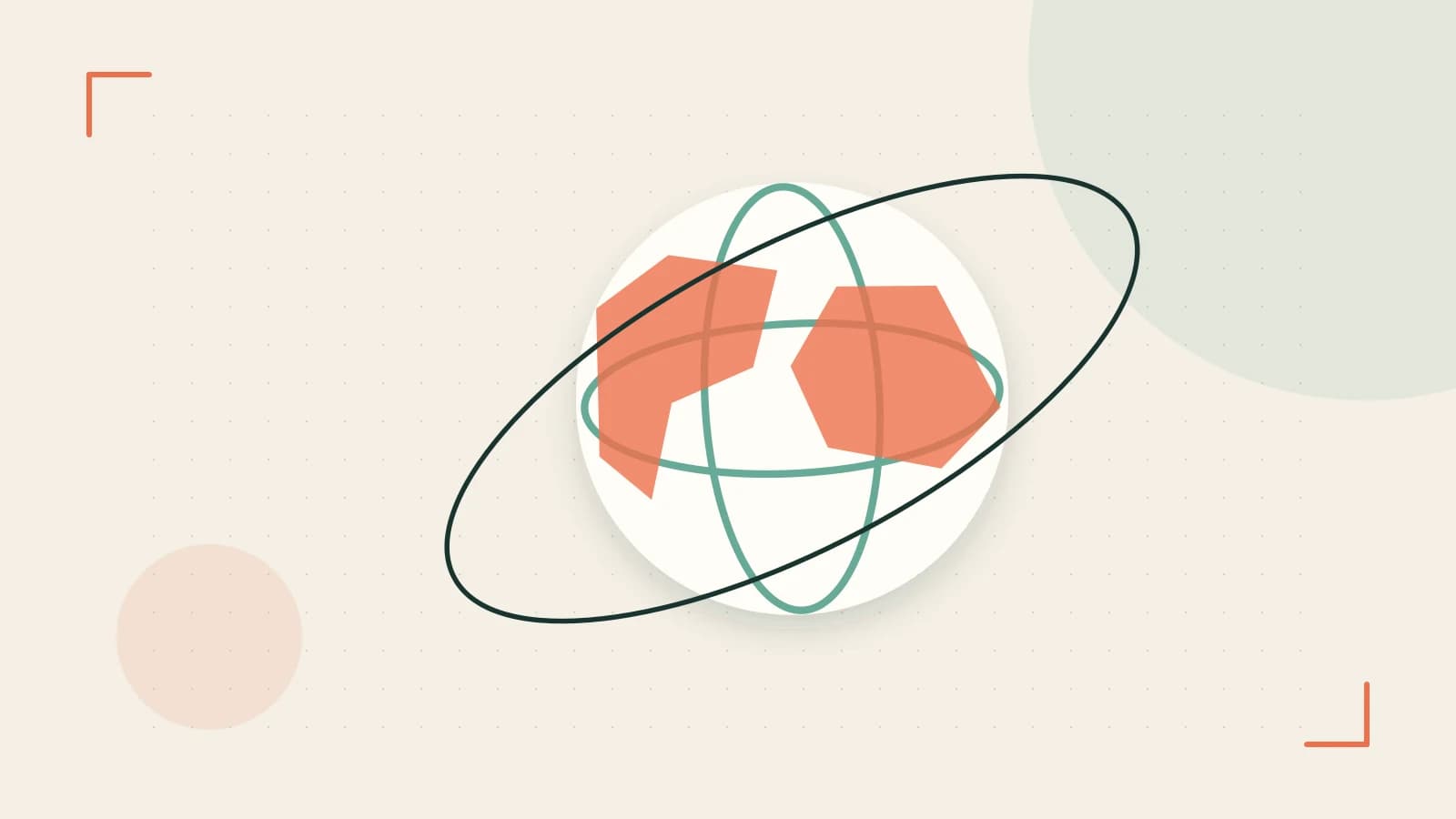 Editorial illustration of an editorial globe with meridians and layered geographic shapes