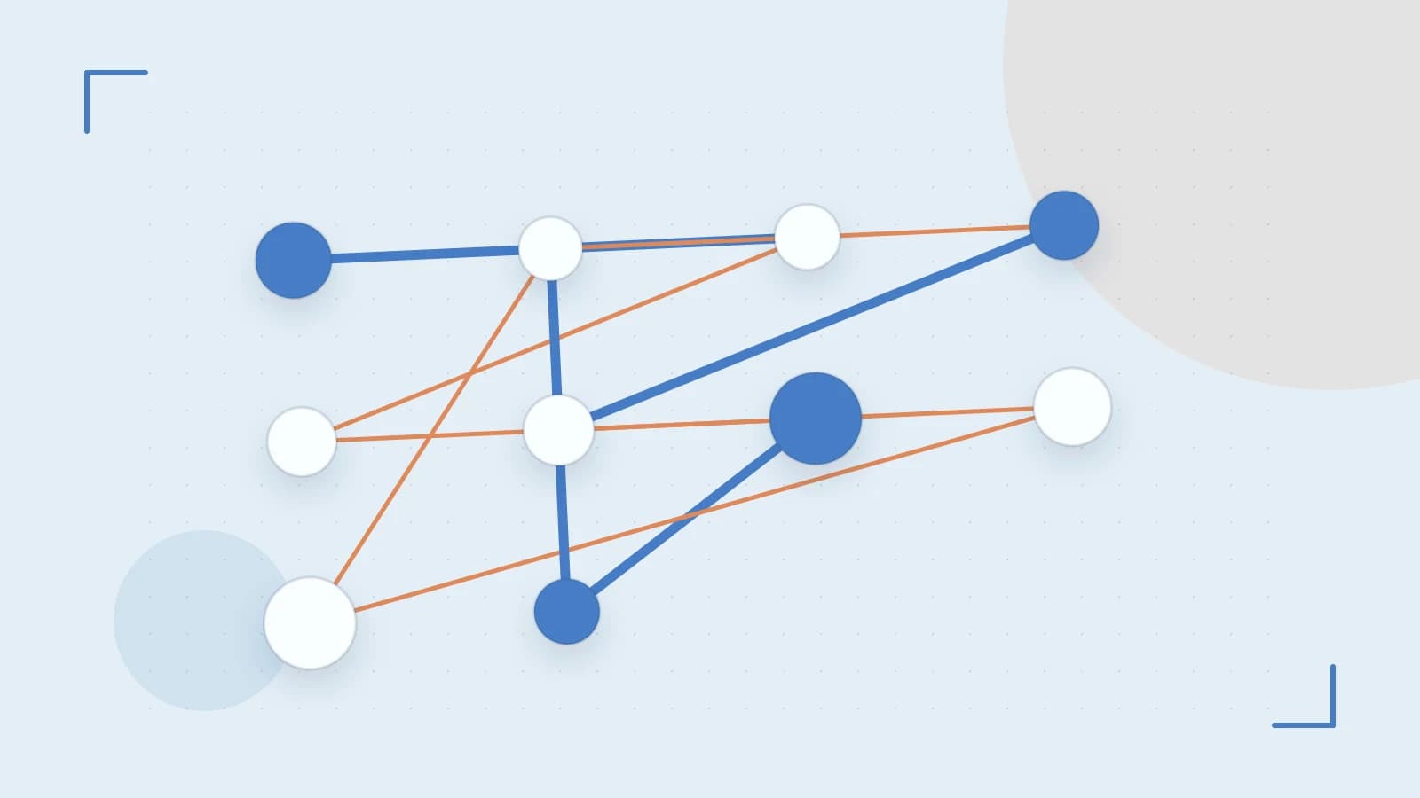 Editorial illustration of an algorithmic node graph with branching paths and a highlighted result