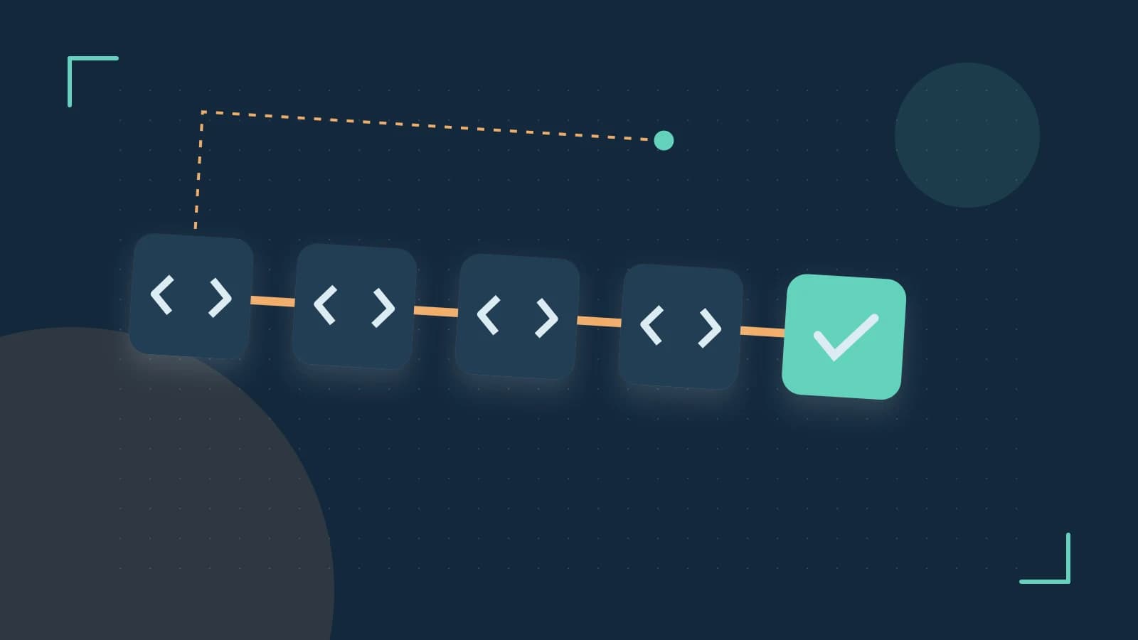 Editorial illustration of a branching build pipeline, staged transformations and a completed check