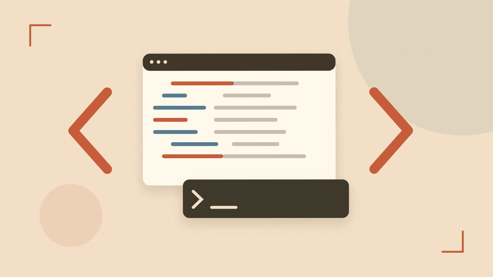 Editorial illustration of an abstract code editor, syntax blocks and oversized programming brackets