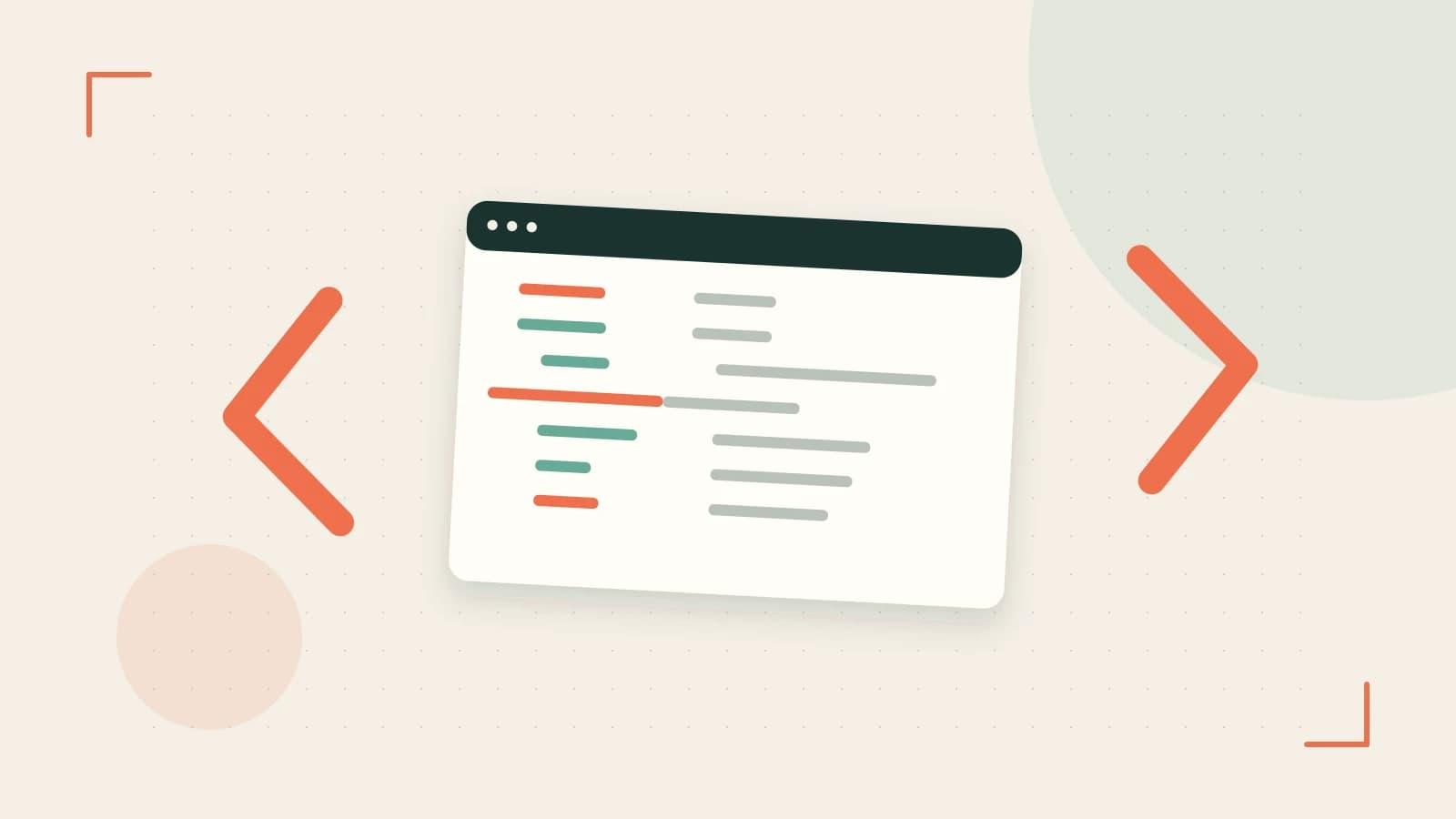 Editorial illustration of an abstract code editor, syntax blocks and oversized programming brackets
