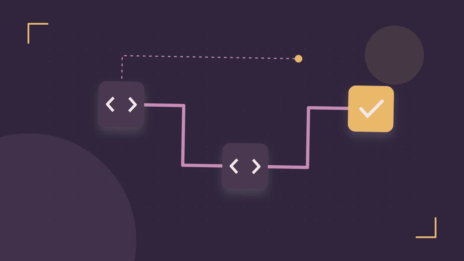 Editorial illustration of a branching build pipeline, staged transformations and a completed check