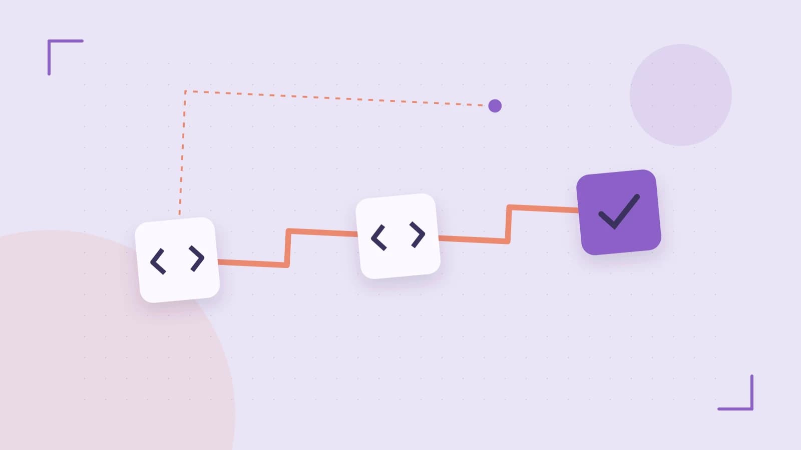 Editorial illustration of a branching build pipeline, staged transformations and a completed check