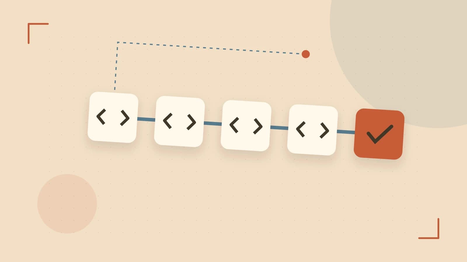 Editorial illustration of a branching build pipeline, staged transformations and a completed check