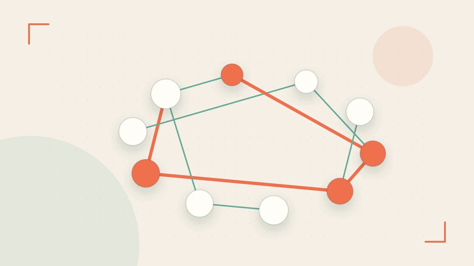 Editorial illustration of an algorithmic node graph with branching paths and a highlighted result